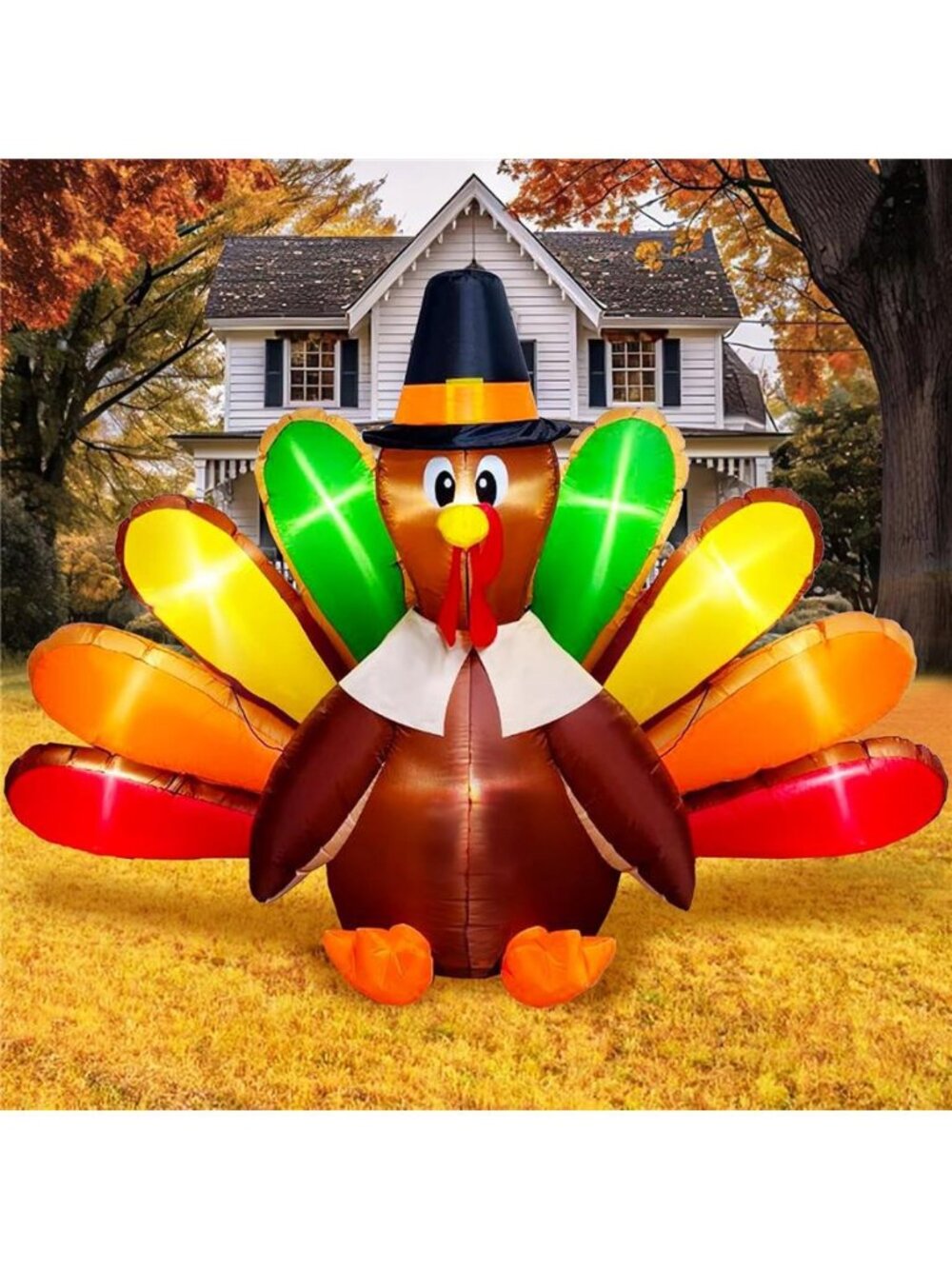 8FT Length Thanksgiving Inflatables Turkey with Pilgrim Hat & Colorful Tail,